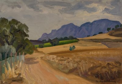 Near Corinth, Landscape with Donkey Paths — Oil painting, Fiberboard, 35.00×50.00cm — Theodoros Markellos